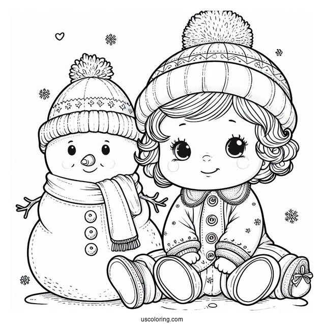 Baby Coloring Page In Winter Clothes Sitting Next To A Snowman