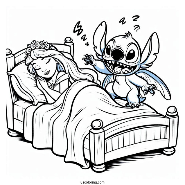 Sleeping Beauty Coloring Page Of Funny Stitch Scaring Princess Aurora
