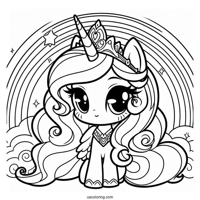 Cute Chibi Princess Celestia Coloring Page With Rainbow In The Background