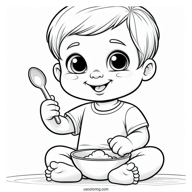 Baby Coloring Page Of Grinning Toddler Holding A Spoon