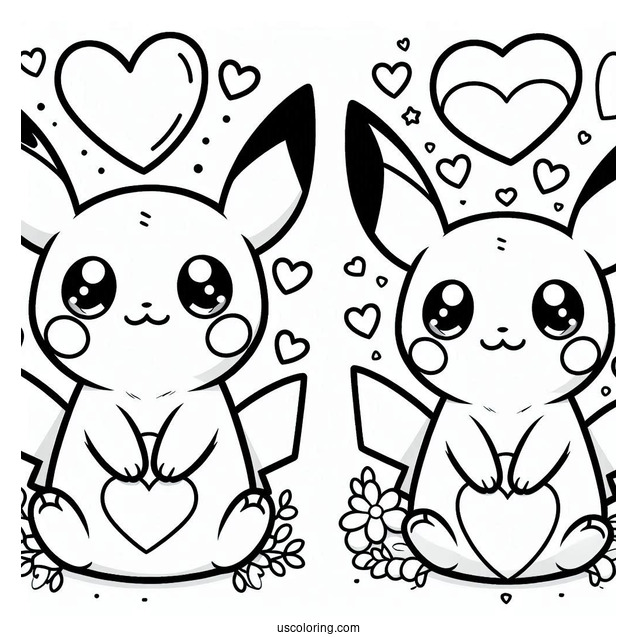 Cute Coloring Page Of Easy Pikachu With Love Hearts For Preschoolers
