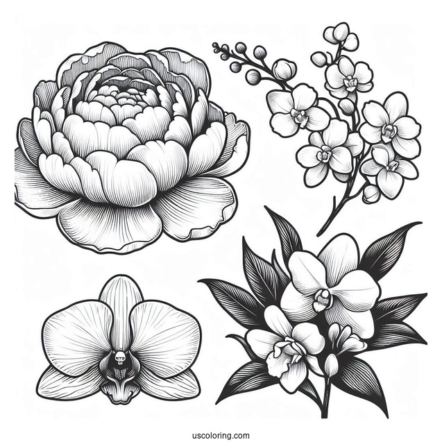 Flower Coloring Pages Of Classic White Peony, Orchid, Hydrangea, And Magnolia