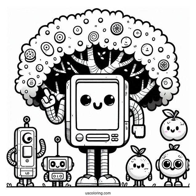 Sprunki Coloring Page Of Mr. Fun Computer, Tree, Simon, Orange, Fun Bot, Clukr, And Raddy