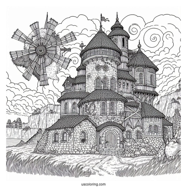 Studio Ghibli Coloring Page of Detailed Howl s Moving Castle