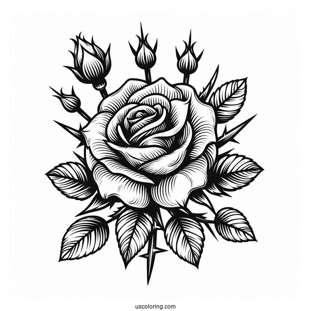 Flower Coloring Pages Of Blooming Rose With Thorns