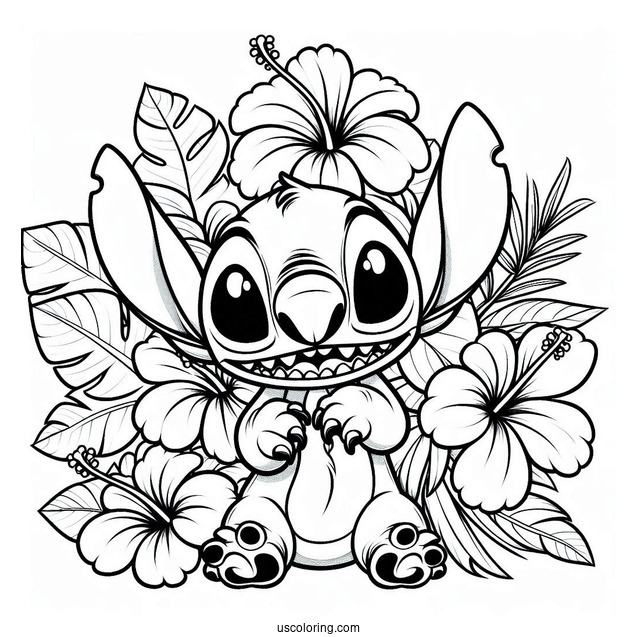 Scary Stitch With Hibiscus Flowers Coloring Page