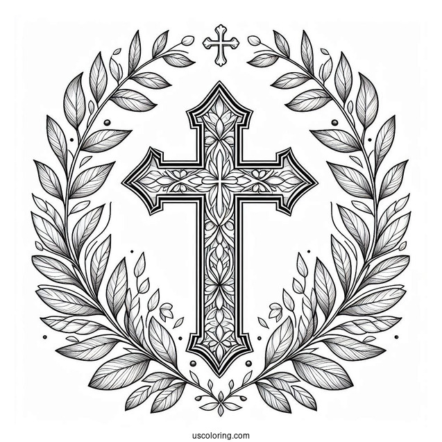 Fantasy Cross Coloring Page Framed With Lovely Leaves