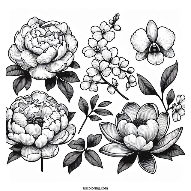 Flower Coloring Pages Of Classic White Peony, Orchid, Hydrangea, And Magnolia