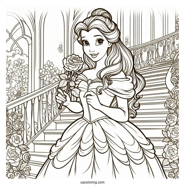 Princess Coloring Page Of Belle Holding Rose On Staircase