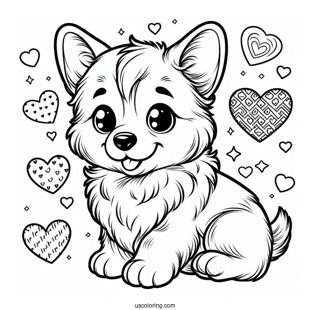 Adorable Corgi Puppy With Hearts Coloring Page