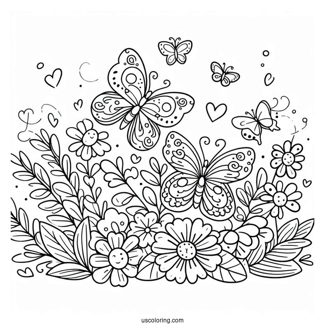 Cartoon Spring Coloring Page Butterflies And Flowers