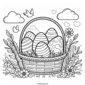 Easter Coloring Page Of Simple Easter Eggs In A Large Basket For Kids