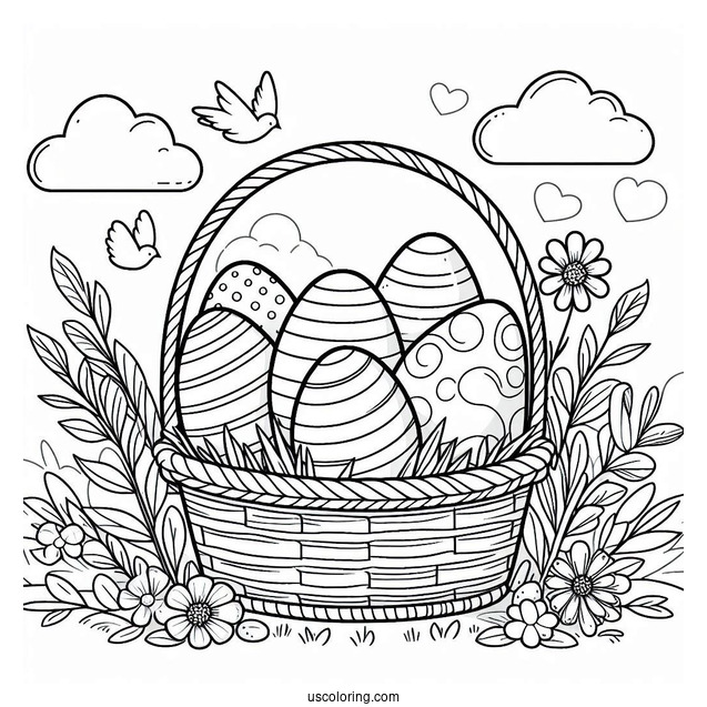 Easter Coloring Page Of Simple Easter Eggs In A Large Basket For Kids