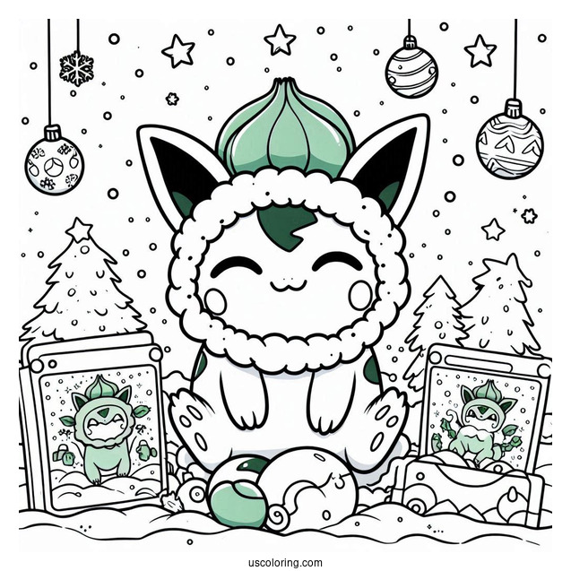 Pokemon Christmas Coloring Page Card With Bulbasaur
