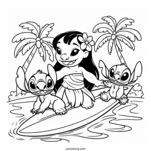 Lilo, Stitch, and Nani Pelekai Riding a Surfboard