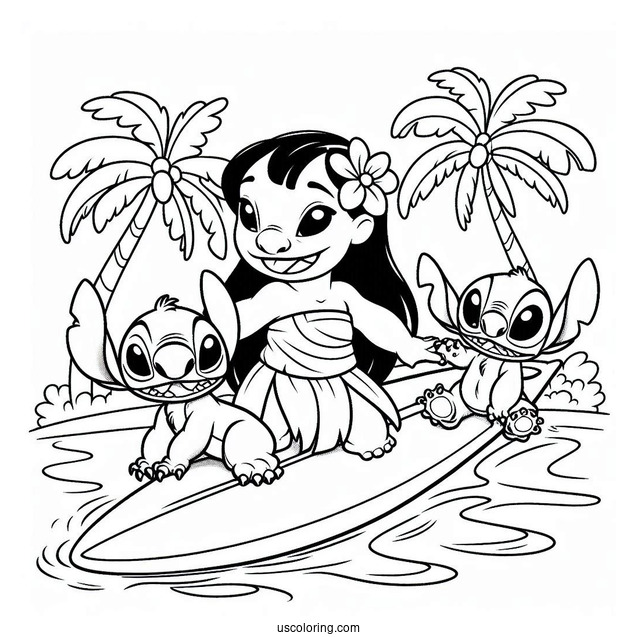 Lilo, Stitch, and Nani Pelekai Riding a Surfboard