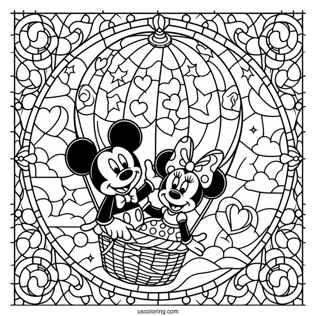 Mickey And Minnie Mouse On A Hot Air Balloon Stained Glass Coloring Page