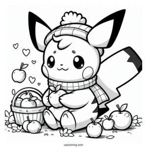 Pichu Coloring Page Collecting Apples With Pikachu For Kids