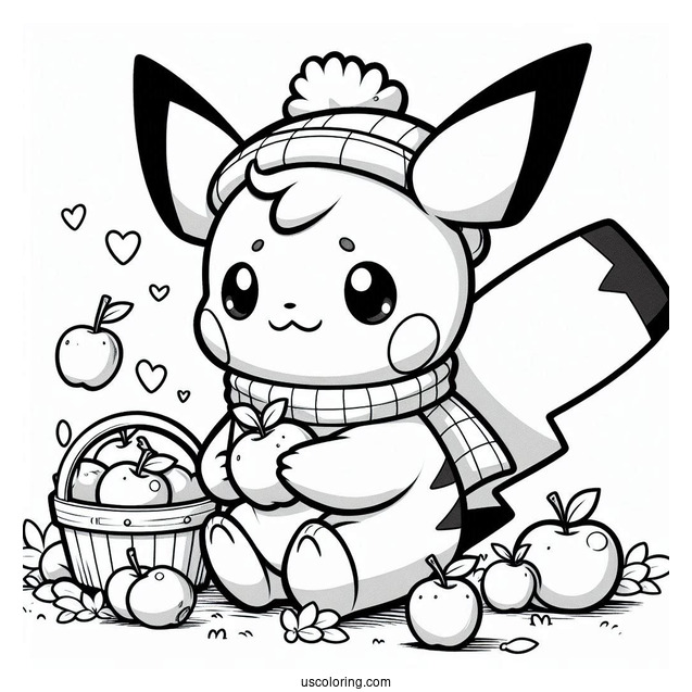 Pichu Coloring Page Collecting Apples With Pikachu For Kids