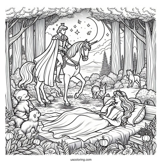 Sleeping Beauty Coloring Page Of Prince Philip Watching Aurora With The Animals In The Forest
