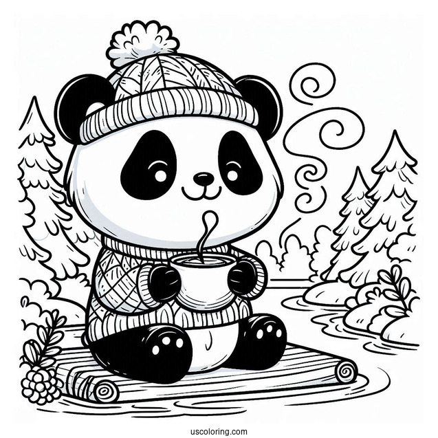 Cozy Panda Coloring Page in Sweater Drinking Hot Cocoa by the River