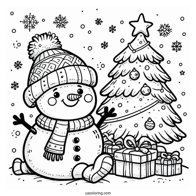 Happy Snowman Sitting Next To Christmas Tree