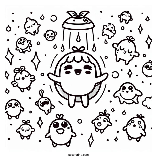 Tamagotchi Coloring Page Of Mametchi, Tomomi, And The Other Extraterrestrials Falling From The Sky