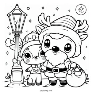 Chibi Rudolph Coloring Page And Santa Under A Lamppost For Preschoolers