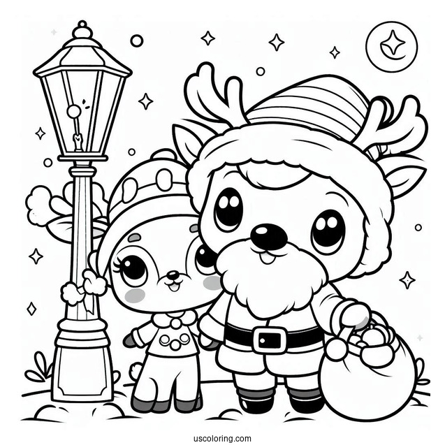 Chibi Rudolph Coloring Page And Santa Under A Lamppost For Preschoolers