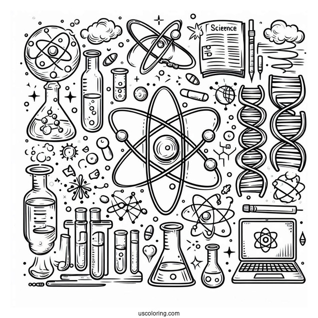 Science Coloring Page Of Full Page Scientific Symbols Atom, Beakers, Test Tubes, Computers, And DNA