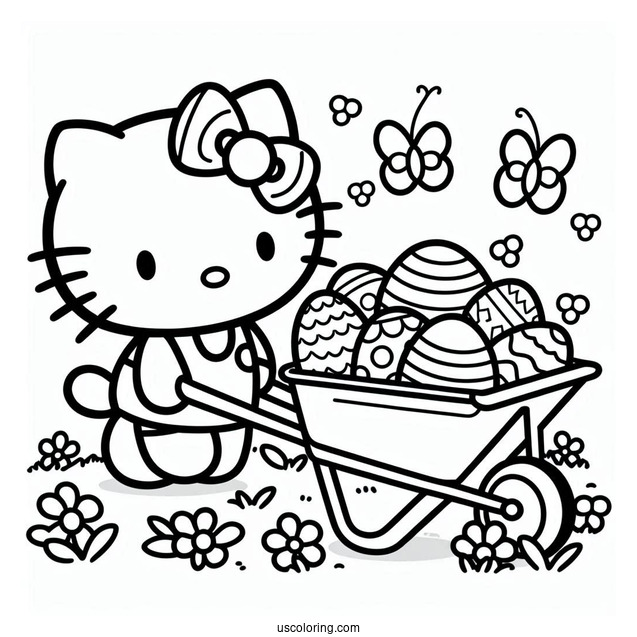 Easter Coloring Page Of Hello Kitty Pulling Wheelbarrow Filled With Easter Eggs For Kids