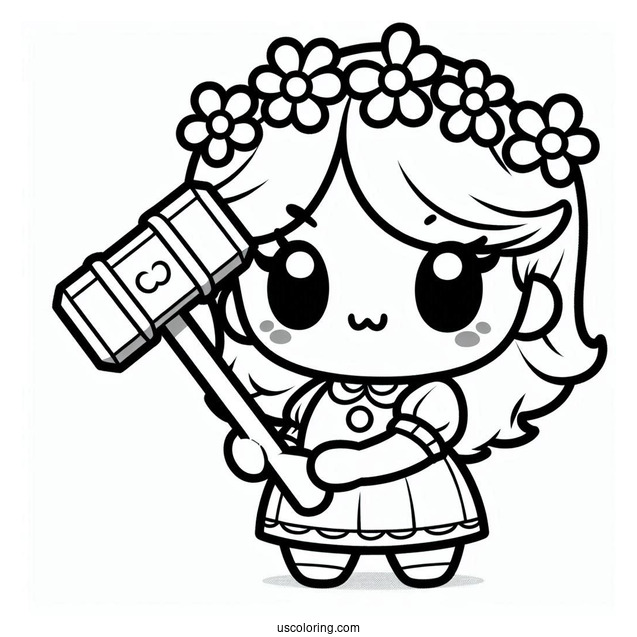 Kawaii Baby Princess Daisy Coloring Page Holding Hammer