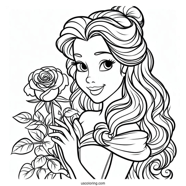 Simple Outline Of Princess Belle Holding a Rose