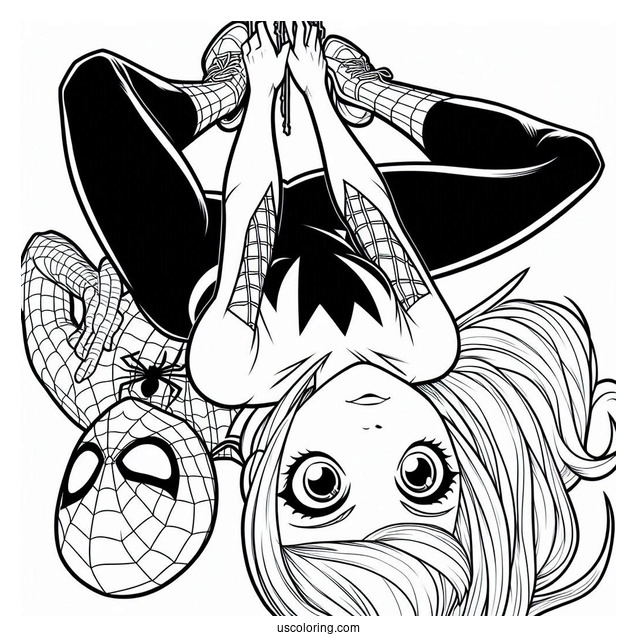 Spider-Gwen Coloring Page Hanging Upside Down Next To Spider Man