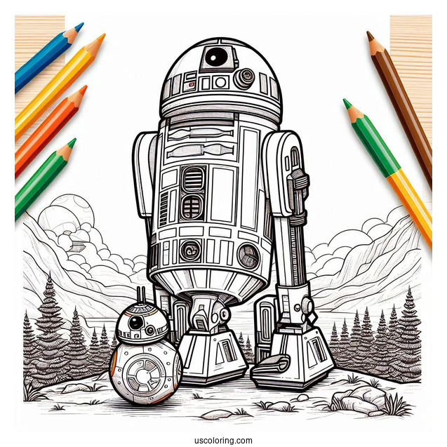 BB8 Standing On Top Of R2-D2 Coloring Page