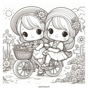 Precious Moments Coloring Page Of Two Girls Riding Bicycle