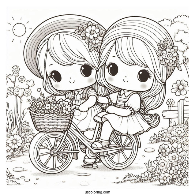 Precious Moments Coloring Page Of Two Girls Riding Bicycle