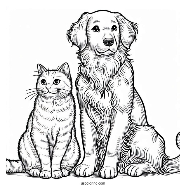 Golden Retriever And Cat Sitting Together Coloring Page