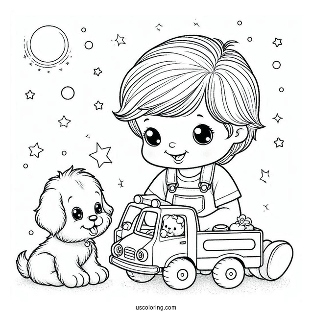 Precious Moments Coloring Page Of Boy With Toy Truck And Puppy