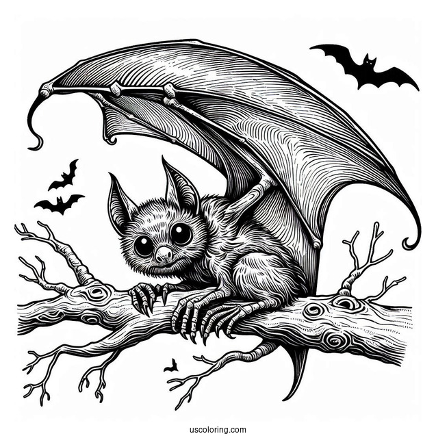 Scary Bat Coloring Page Roosting On Tree Branch