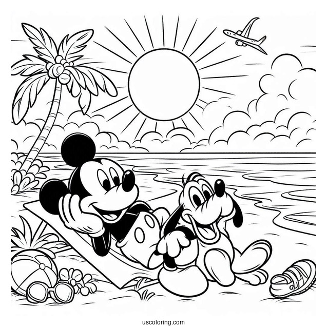 Mickey Mouse And Pluto Lounging At The Beach Coloring Page