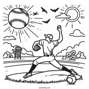 Coloring Page Of Pitcher Throwing a Baseball