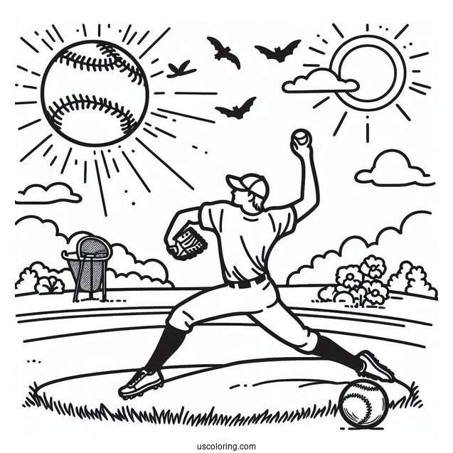 Coloring Page Of Pitcher Throwing a Baseball
