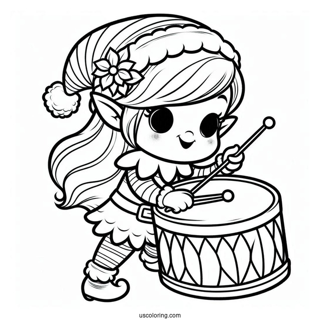 Cute Elf Playing a Drum To Color