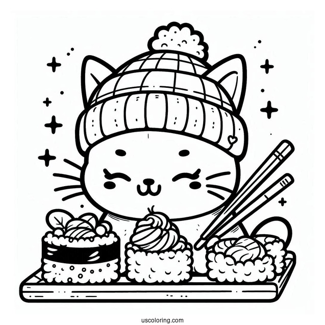 Cat Wearing A Hat While Eating Sushi Coloring Pages