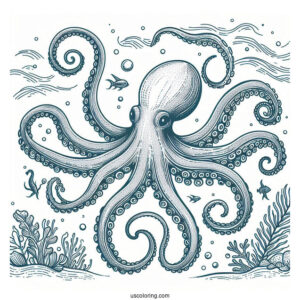 Blue Ring Octopus Coloring Page With Detailed Tentacles In Nautical Background