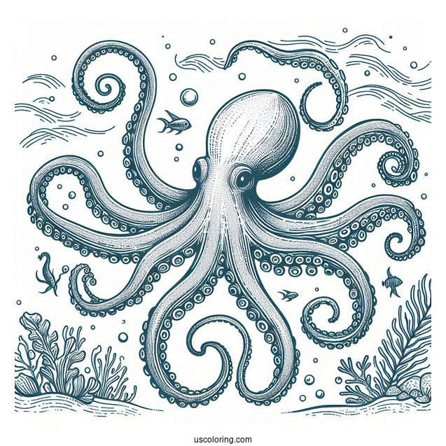 Blue Ring Octopus Coloring Page With Detailed Tentacles In Nautical Background