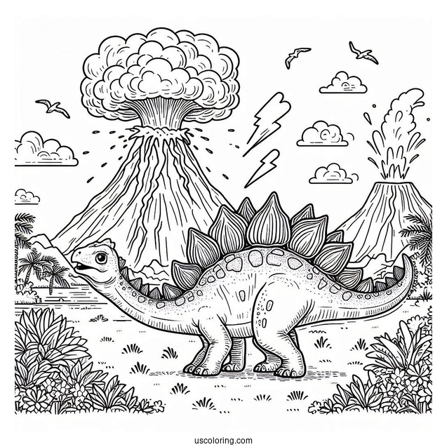 Stegosaurus Coloring Page In Front Of Erupting Volcano