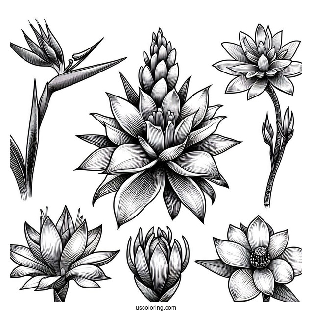 Flower Coloring Pages Of Exotic Tropical Orchid, Strelitzia, Hibiscus, Protea, And Calathea