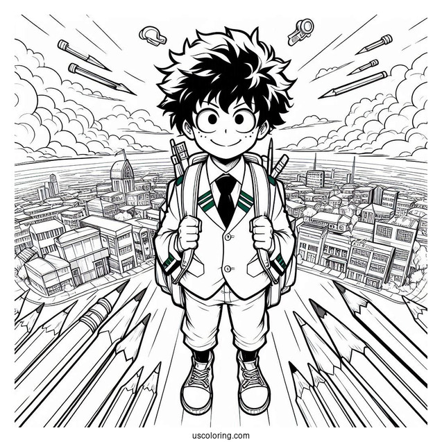 Deku Coloring Page In Front Of UA High School